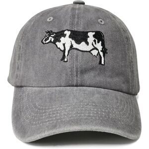 Unisex Grey Washed Holstein Cow Farm Embroidery Adjustable Classic Baseball Cap